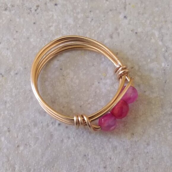 Sz 8.5 ~ Sexy & Slim Pink Agate Beaded Handmade Ring! Sturdy Every Day Wear! - Picture 3 of 9